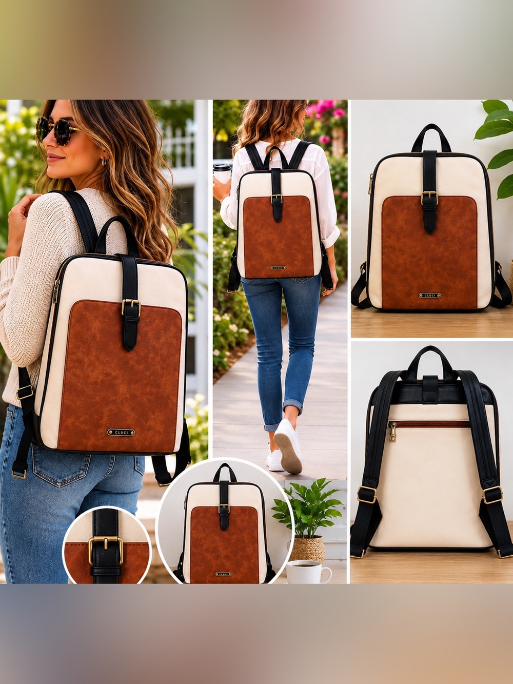 Cluci Women's Backpack Purse 15.6" Laptop Travel Beige Bag